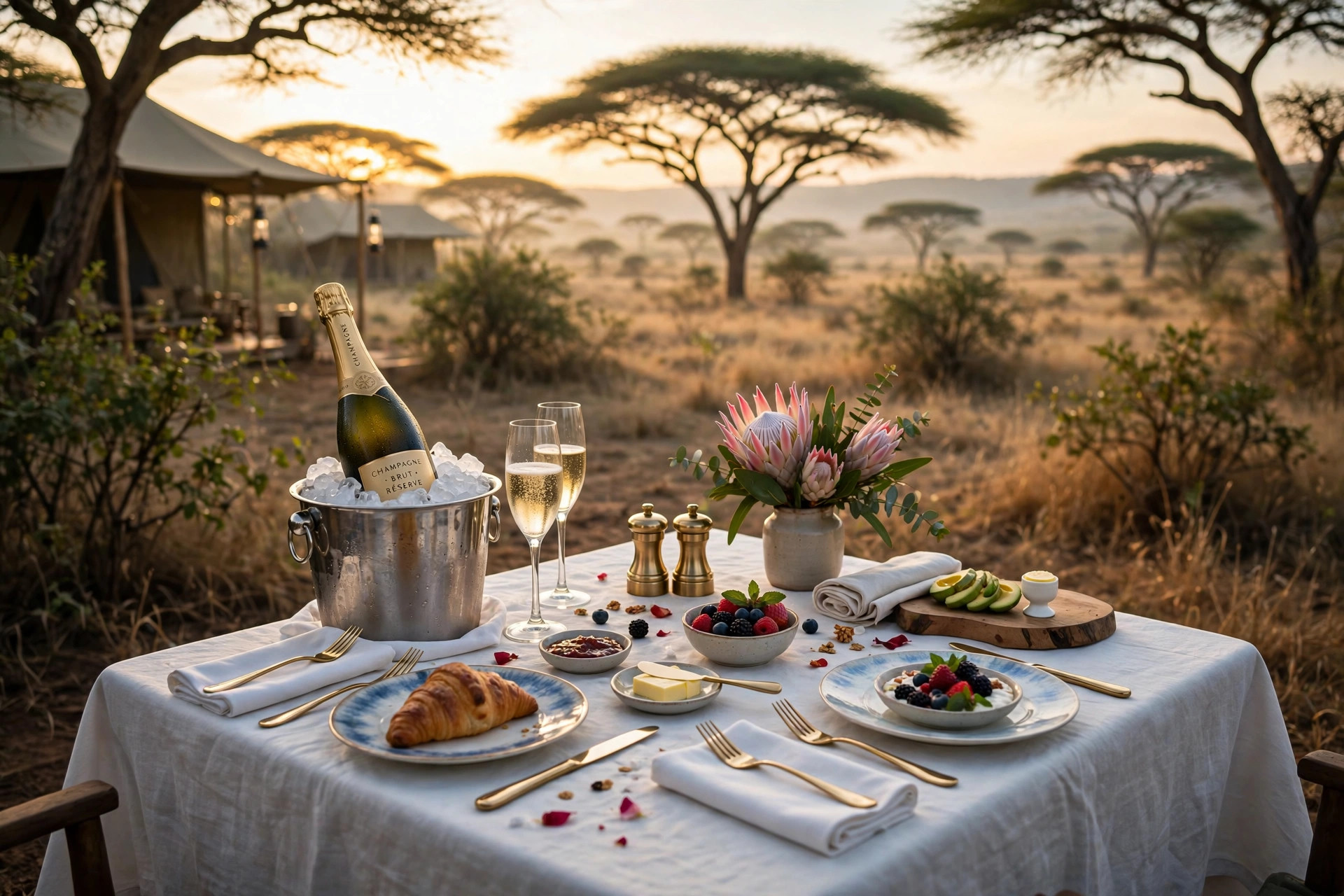 Champagne breakfast table set in the African bush