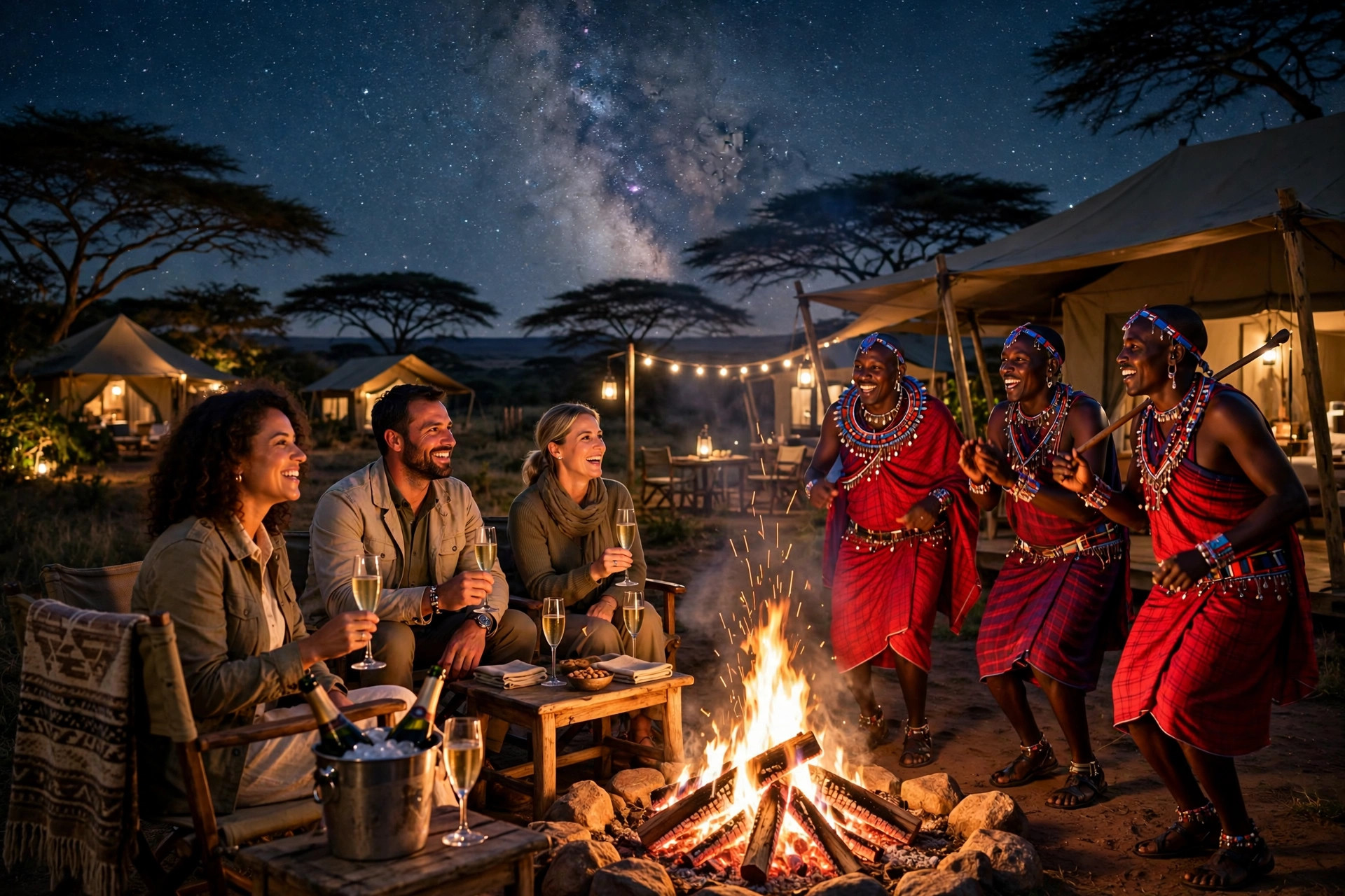 Safari guests sharing champagne around a campfire while local performers entertain