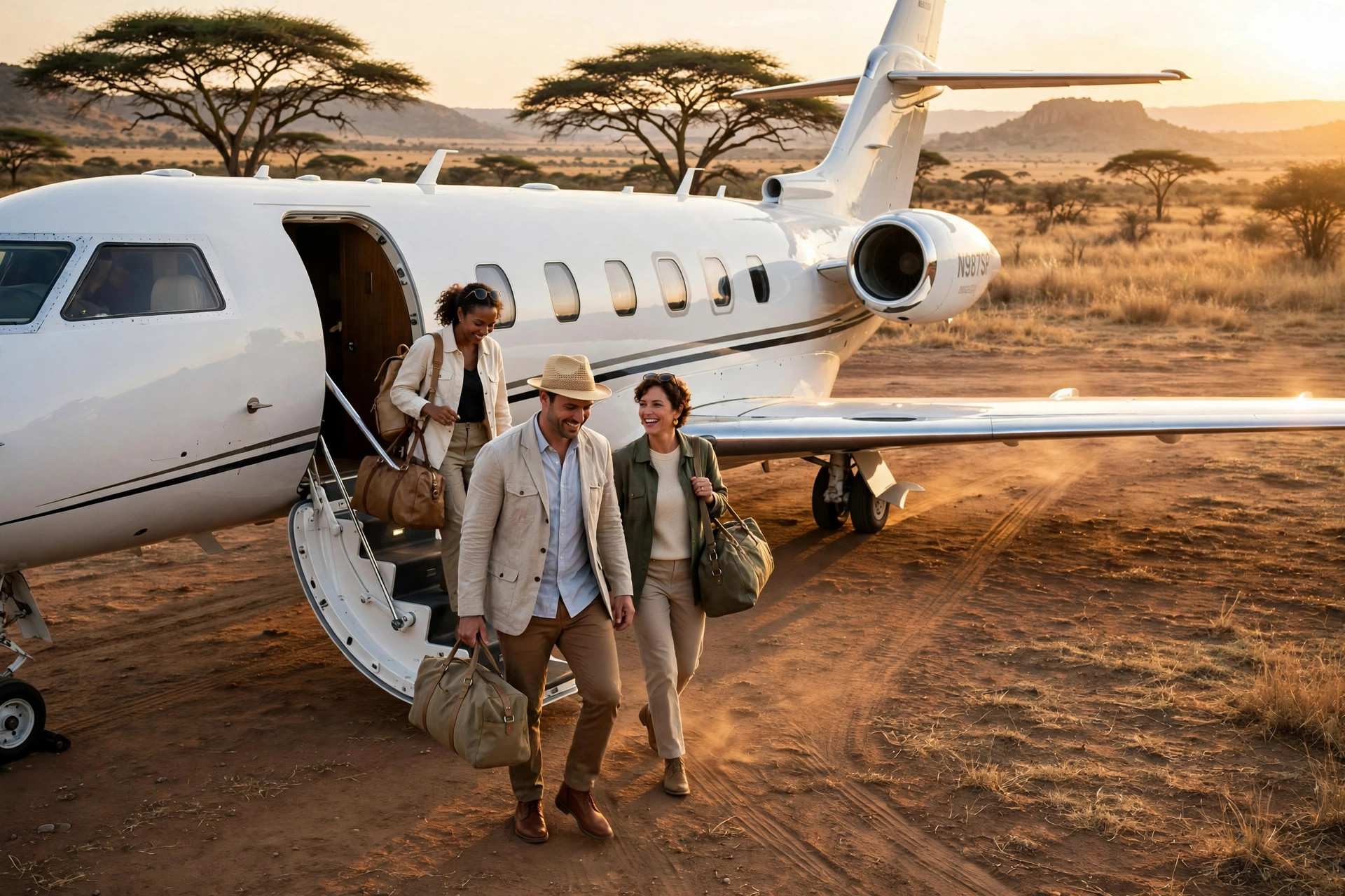 Guests stepping from a private jet onto a safari airstrip at golden hour